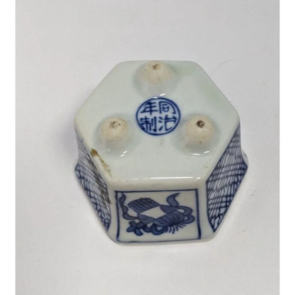 Vintage Japanese Porcelain Hexagon Pot Blue White Small Planter